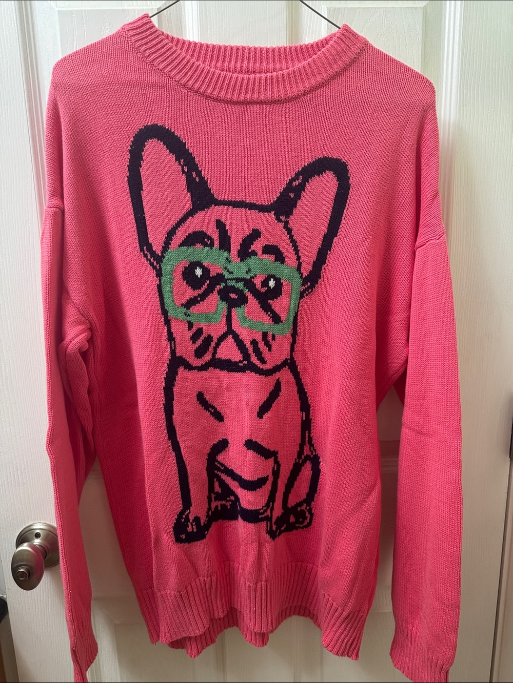 Bright Pink Crewneck Sweater with Playful Bulldog Graphic